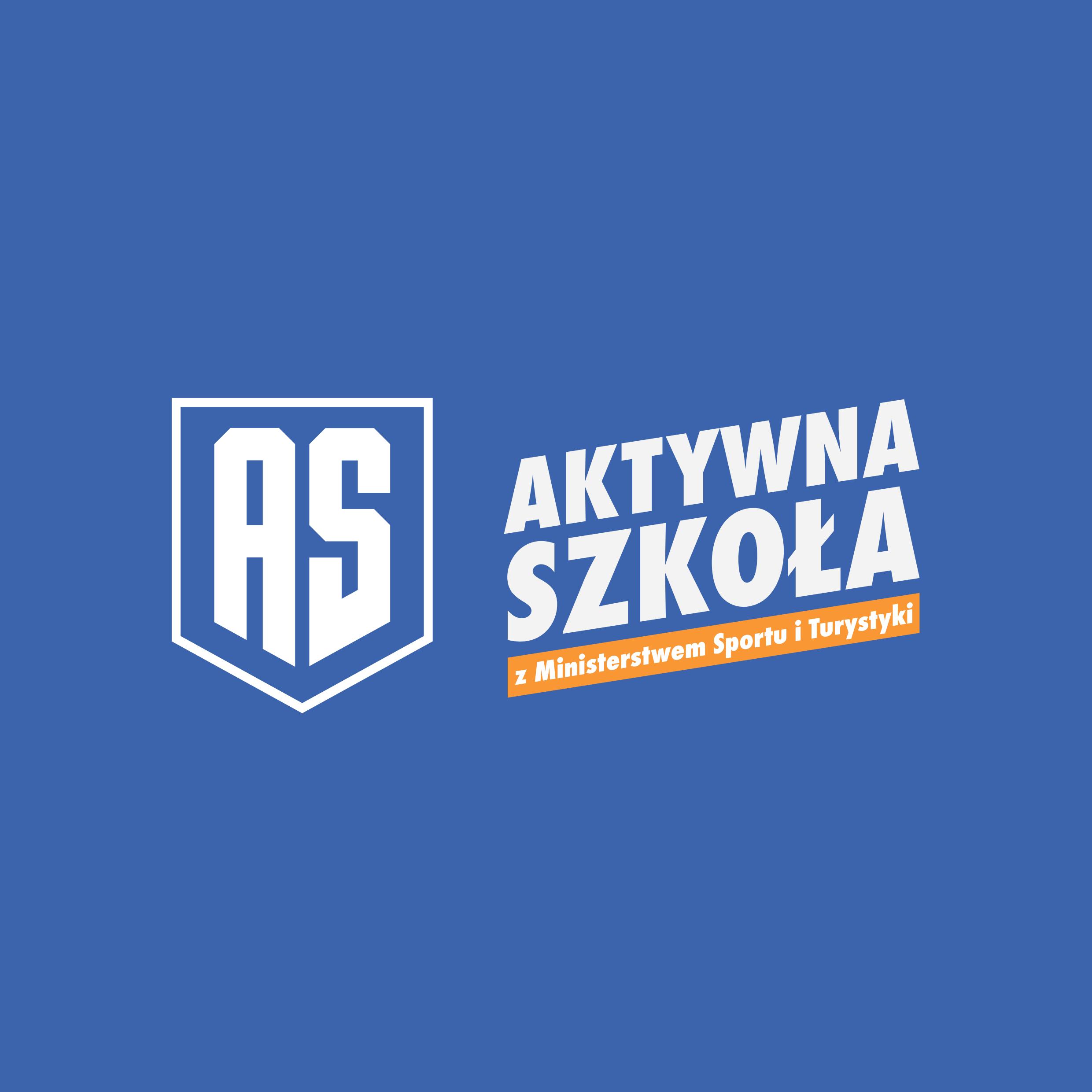 logo programu, na niebieskim tle biały napis Aktywna Szkoła, na pomarańczowym pasku biały napis z Ministerstwem Sportu i Turystyki