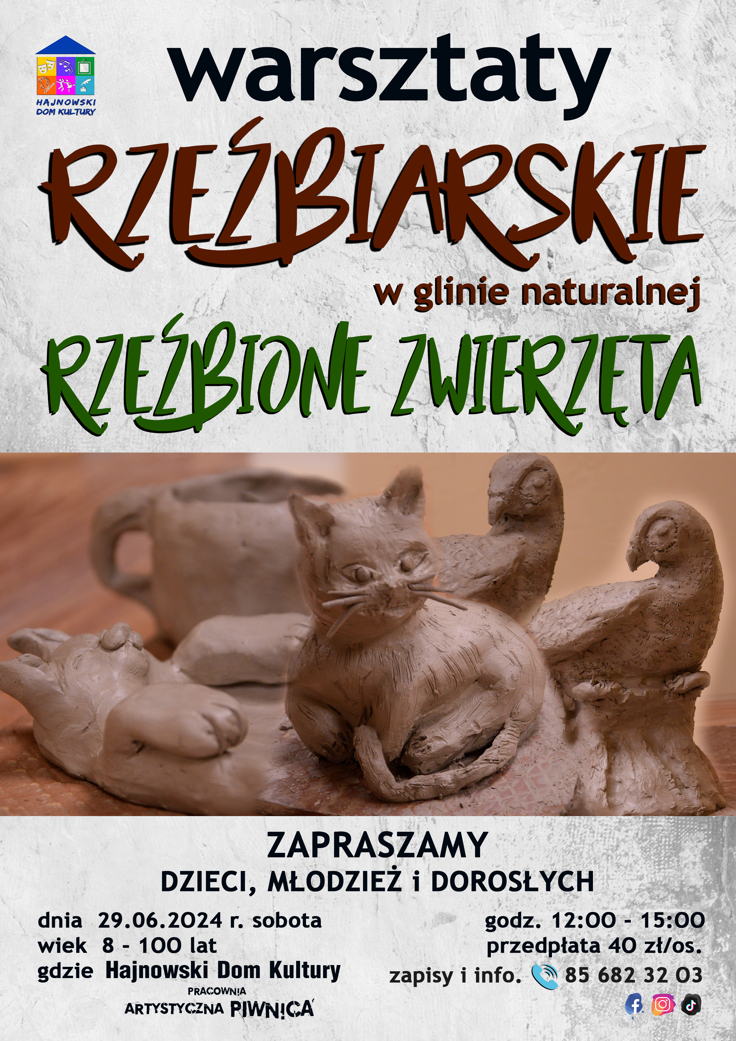plakat wydarzenia, w centrum zdjęcie figur z gliny oraz informacje o warsztatach