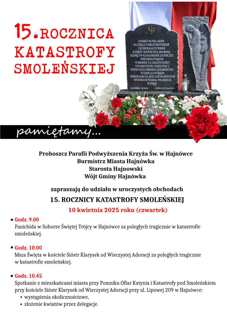 plakat zapraszający na wydarzenie grafika pomnika i biało-czerwonej flagi oraz kwiatów, program obchodów