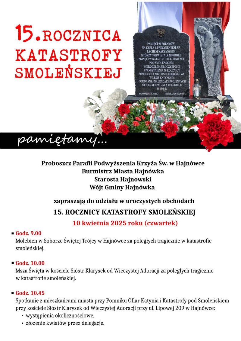 grafika pomnika i biało-czerwonej flagi oraz kwiatów, program obchodów