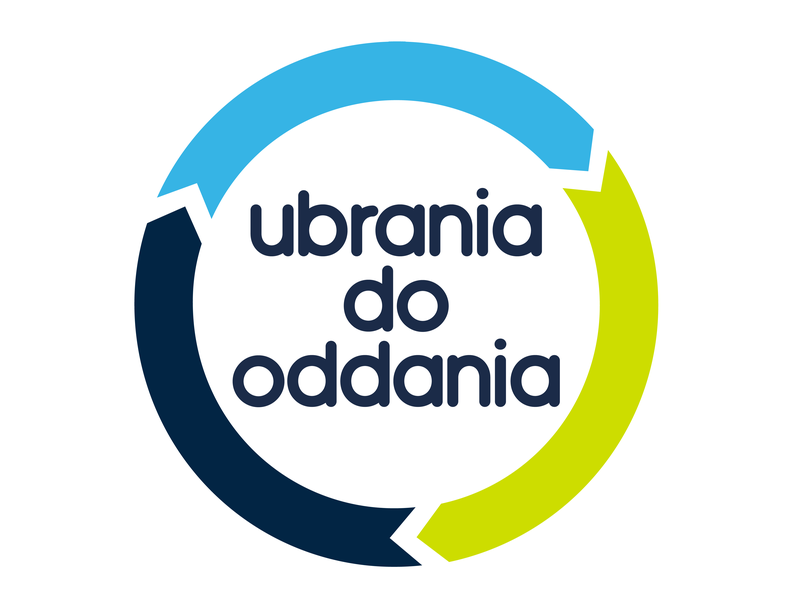 w czarno-niebiesko-zielonym okręgu napis: ubrania do oddania