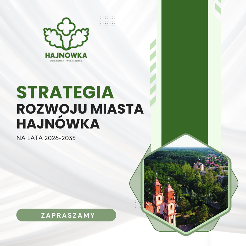logo HHajn&oacute;wki oraz napis: STRATEGIA ROZWOJU MIASTA HAJN&Oacute;WKA NA LATA 2026 - 2035