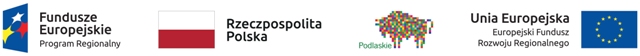Stopka w kształcie poziomego białego prostokąta. Na niej znajdują się cztery loga: od lewej: pionowy pochylony prostokąt w kolorze granatowym, na nim trzy gwiazdy w kolorach: białym, żółtym i czerwonym. Po prawej stronie napis: Fundusze Europejskie Program Regionalny; drugie logo:  po lewej stronie kształt biało – czerwonej flagi. Po prawej stronie czarny dwurzędowy napis: Rzeczpospolita Polska; trzecie logo: Głównym motywem jest żubr zbudowany z różnobarwnych kwadratów, tworząc nowoczesną kompozycję, nawiązującą do współczesnego obrazu komputerowego. Po lewej stronie logotypu widnieje napis: Podlaskie; czwarte logo:  po prawej flaga Unii Europejskiej: Poziomy ciemnoniebieski kwadrat, pośrodku dwanaście żółtych gwiazdek ułożonych w kształcie koła. Po lewej napis: Unia Europejska Europejski Fundusz Rozwoju Regionalnego.