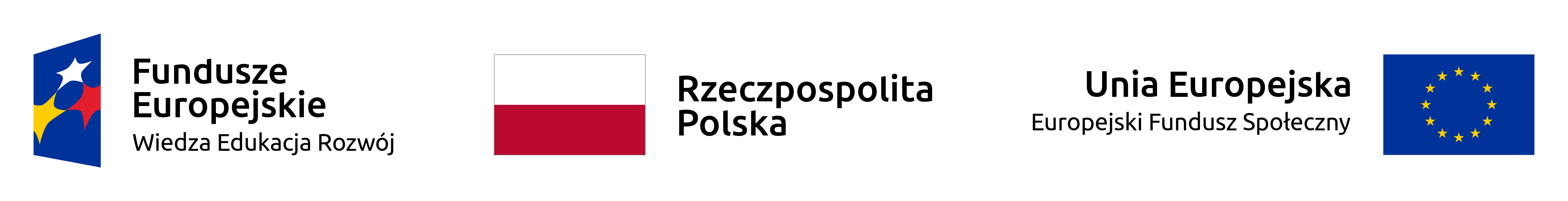 Stopka w kształcie poziomego białego prostokąta. Na niej znajdują się trzy loga: od lewej: po lewej stronie pionowy pochylony prostokąt w kolorze granatowym, na nim trzy gwiazdy w kolorach: białym, żółtym i czerwonym. Po prawej stronie napis: Fundusze Europejskie Wiedza Edukacja Rozwój; drugie logo: po lewej stronie kształt biało – czerwonej flagi. Po prawej stronie czarny dwurzędowy napis: Rzeczpospolita Polska; trzecie logo: po prawej flaga Unii Europejskiej: Poziomy ciemnoniebieski kwadrat, pośrodku dwanaście żółtych gwiazdek ułożonych w kształcie koła. Po lewej napis: Unia Europejska Europejski Fundusz Społeczny.