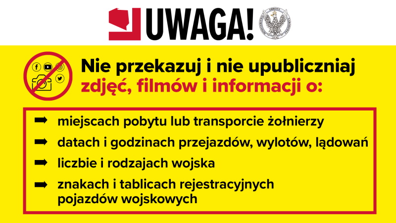Biało-żółty plakat z informacjami dotyczącymi bezpieczeństwa