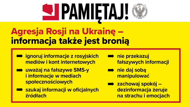 Biało-żółty plakat z informacjami dotyczącymi bezpieczeństwa