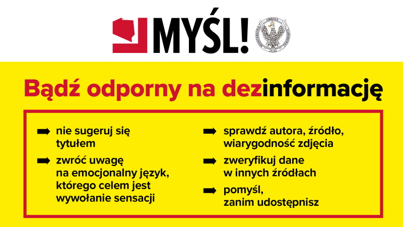 Biało-żółty plakat z informacjami dotyczącymi bezpieczeństwa