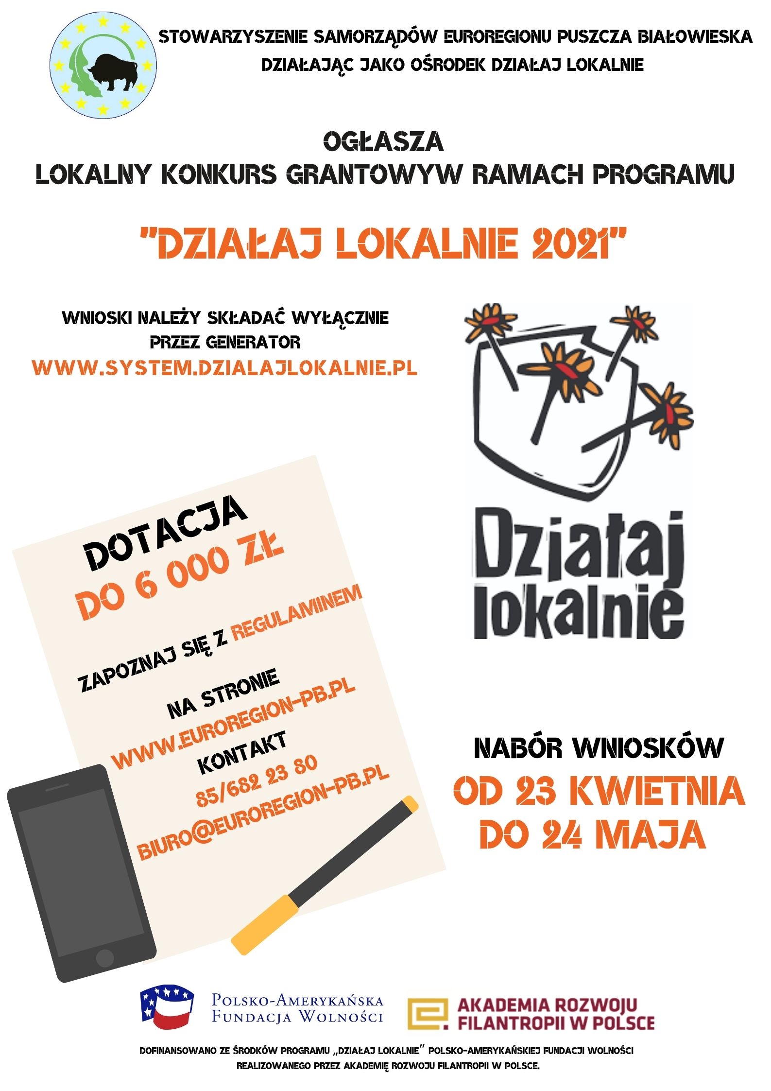Plakat konkursu zawierający informacje o organizatorze, terminach i wysokości dotacji.