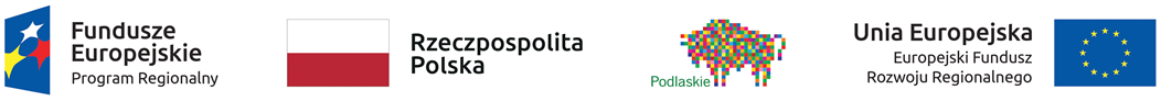 W zestawie logotypów znajdują się cztery loga: od lewej: pionowy pochylony prostokąt w kolorze granatowym, na nim trzy gwiazdy w kolorach: białym, żółtym i czerwonym. Po prawej stronie napis: Fundusze Europejskie Program Regionalny; drugie logo:  po lewej stronie kształt biało – czerwonej flagi. Po prawej stronie czarny dwurzędowy napis: Rzeczpospolita Polska; trzecie logo: Głównym motywem jest żubr zbudowany z różnobarwnych kwadratów, tworząc nowoczesną kompozycję, nawiązującą do współczesnego obrazu komputerowego. Po lewej stronie logotypu widnieje napis: Podlaskie; czwarte logo:  po prawej flaga Unii Europejskiej: Poziomy ciemnoniebieski kwadrat, pośrodku dwanaście żółtych gwiazdek ułożonych w kształcie koła. Po lewej napis: Unia Europejska Europejski Fundusz Rozwoju Regionalnego.