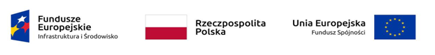 Stopka w kształcie poziomego białego prostokąta. Na niej znajdują się trzy loga: od lewej: po lewej stronie pionowy pochylony prostokąt w kolorze granatowym, na nim trzy gwiazdy w kolorach: białym, żółtym i czerwonym. Po prawej stronie napis: Fundusze Europejskie Infrastruktura i środowisko; drugie logo: po lewej stronie kształt biało – czerwonej flagi. Po prawej stronie czarny dwurzędowy napis: Rzeczpospolita Polska; trzecie logo: po prawej flaga Unii Europejskiej: Poziomy ciemnoniebieski kwadrat, pośrodku dwanaście żółtych gwiazdek ułożonych w kształcie koła. Po lewej napis: Unia Europejska Fundusz Spójności