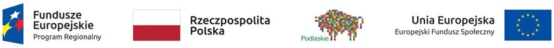 Stopka w kształcie poziomego białego prostokąta. Na niej znajdują się cztery loga: od lewej: pionowy pochylony prostokąt w kolorze granatowym, na nim trzy gwiazdy w kolorach: białym, żółtym i czerwonym. Po prawej stronie napis: Fundusze Europejskie Program Regionalny; drugie logo:  po lewej stronie kształt biało – czerwonej flagi. Po prawej stronie czarny dwurzędowy napis: Rzeczpospolita Polska; trzecie logo: Głównym motywem jest żubr zbudowany z różnobarwnych kwadratów, tworząc nowoczesną kompozycję, nawiązującą do współczesnego obrazu komputerowego. Po lewej stronie logotypu widnieje napis: Podlaskie; czwarte logo:  po prawej flaga Unii Europejskiej: Poziomy ciemnoniebieski kwadrat, pośrodku dwanaście żółtych gwiazdek ułożonych w kształcie koła. Po lewej napis: Unia Europejska Europejski Fundusz Społeczny.