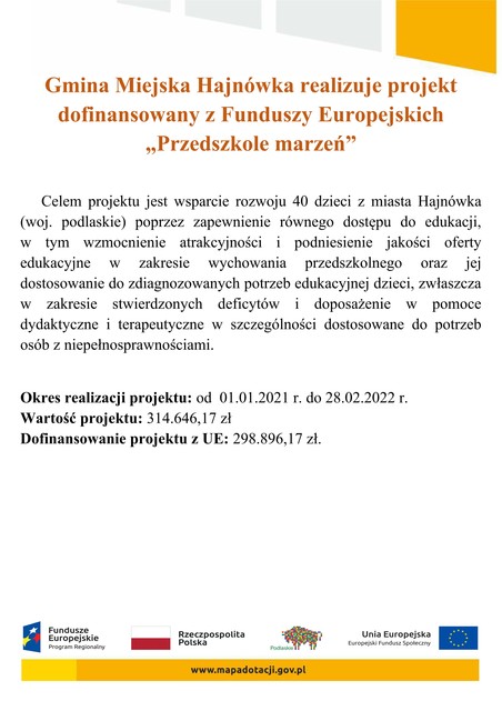 Na plkacie znajdują się - tytuł, informaje o projekcie, i loga dofinansowania projektu