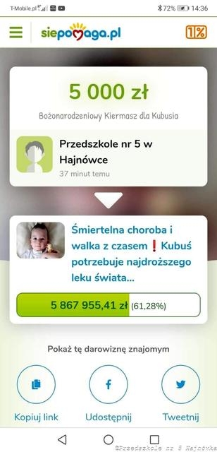Na zdjęciu screenshoot z aplikacji z telefonu, na nim kwota 5000, i podpis: Bożonarodzeniowy kiermasz dla kubusia Przedszkole nr 5 w Hajnówce.