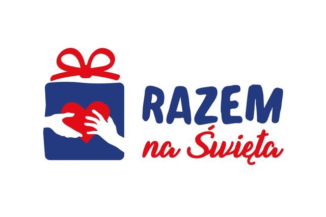 Logo na białym tle. Po lewej stronie rysunek niebieskiego prezentu z czerwona wstążką i czerwonym sercem trzymanym przez dwie białe dłonie. Po prawej stronie napis: Razem na święta.