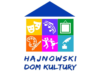 Kolorowe logo w kształcie domu. Pod niebieskim dachem w kształcie trójkąta sześć kolorowych kwadratów układających się w podstawę domu: żółty, fioletowy, zielony, pomarańczowy, różowy i błękitny.  Na każdym z kwadratów symbole, kolejno: maski teatralne, nuty, obraz, farby i pędzel, tańcząca para, pióro i kałamarz. Pod spodem napis: Hajnowski Dom Kultury.