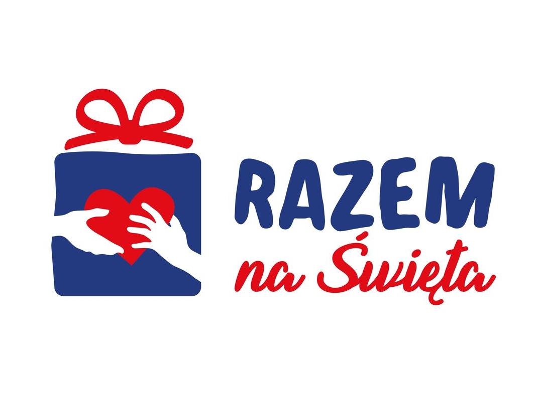 Logo na białym tle: Po lewej stronie rysunek prezentu w kolorze niebieskim z czerwoną wstążką, Na jego tle białe dłonie trzymają czerwone serce. Po prawej stronie napis: Razem na święta