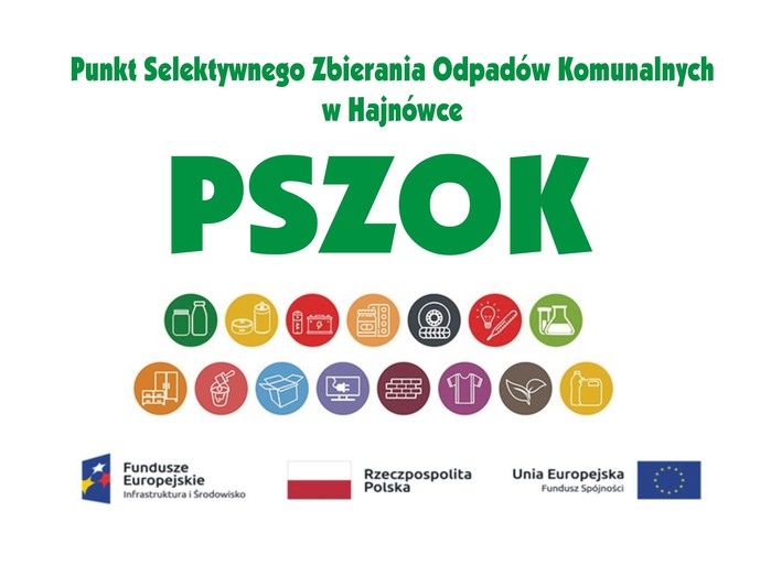Na plakacie widnieje napis PSZOK Punkt Selektywnego Zbierania Odpadów. Poniżej znajdują się obrazki przedstawiające rodzaje odpadów oraz zestaw znaków projektu, z którego przyznano dotację.