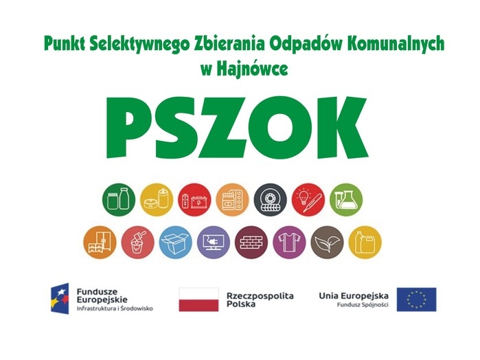 Na plakacie widnieje napis PSZOK Punkt Selektywnego Zbierania Odpadów. Poniżej znajdują się obrazki przedstawiające rodzaje odpadów oraz zestaw znaków projektu, z którego przyznano dotację.