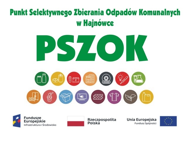 Na plakacie widnieje napis PSZOK Punkt Selektywnego Zbierania Odpadów. POniżej znajdują się obrazki przedstawiające rodzaje odpadów oraz zestaw znaków projektu, z którego przyznano dotację.