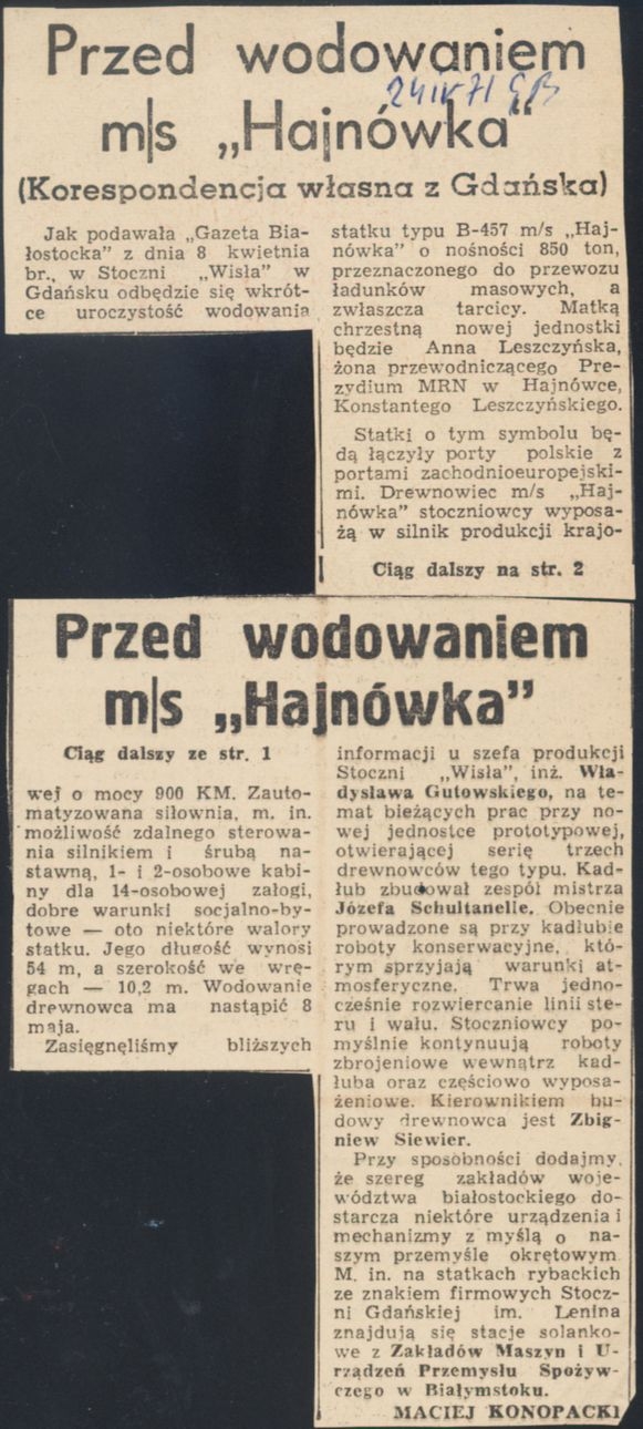 Skan wycinka z gazety. Artykuł "Przed wodowaniem m/s Hajnówka"