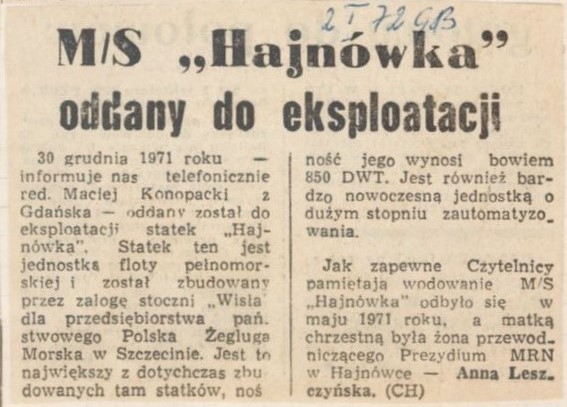 Skan wycinka z gazety. Artykuł "M/s "Hajnówka" - oodany do eksploatacji"