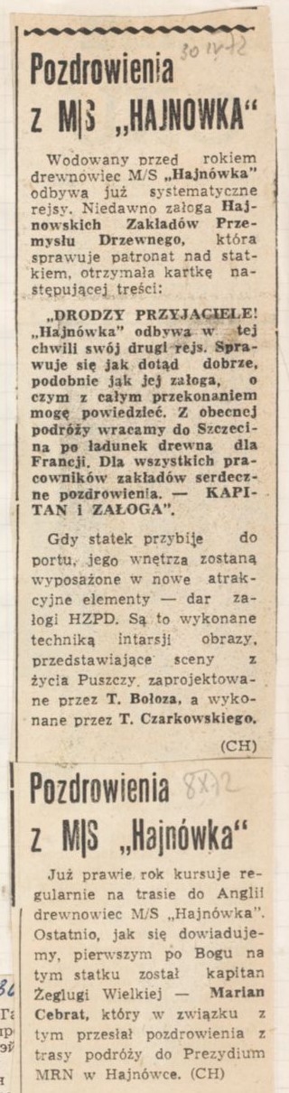 Skan wycinka z gazety. Artykuł "Pozdrowienia z m/s Hajnówka"