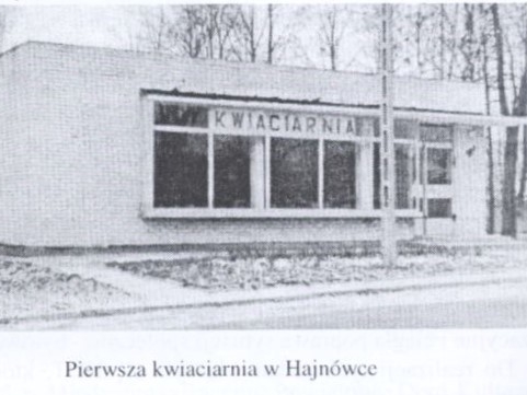 skan czarno-białego zdjęcia, na którym widnieje budynek pierwszej kwiaciarni w Hajnówce. W witrynie okiennej widnieje napis "kwiaciarnia".