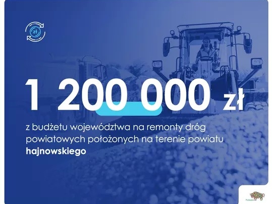 Na granatowym tle napis z informacją o  kwocie i inwestycją. W prawym dolnym roku - logo  PODLASKIE