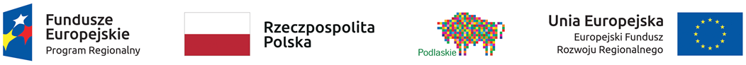 W zestawie logotypów znajdują się cztery loga: od lewej: pionowy pochylony prostokąt w kolorze granatowym, na nim trzy gwiazdy w kolorach: białym, żółtym i czerwonym. Po prawej stronie napis: Fundusze Europejskie Program Regionalny; drugie logo:  po lewej stronie kształt biało – czerwonej flagi. Po prawej stronie czarny dwurzędowy napis: Rzeczpospolita Polska; trzecie logo: Głównym motywem jest żubr zbudowany z różnobarwnych kwadratów, tworząc nowoczesną kompozycję, nawiązującą do współczesnego obrazu kompu