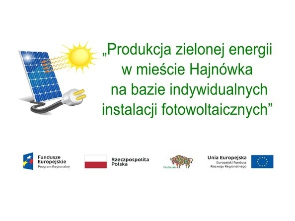 Na plakacie znajduje się tytuł projektu, grafika paneli fotowoltaicznych i loga projektowe.