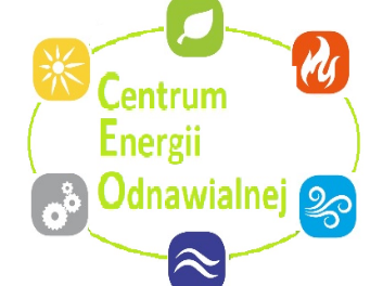 kolorowa grafika z zielonym napisem w środku Centrum Energii Odnawialnej