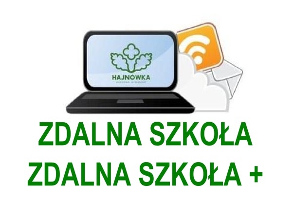 grafika laptopa oraz pod nią zielony napis ZDALNA SZKOŁA