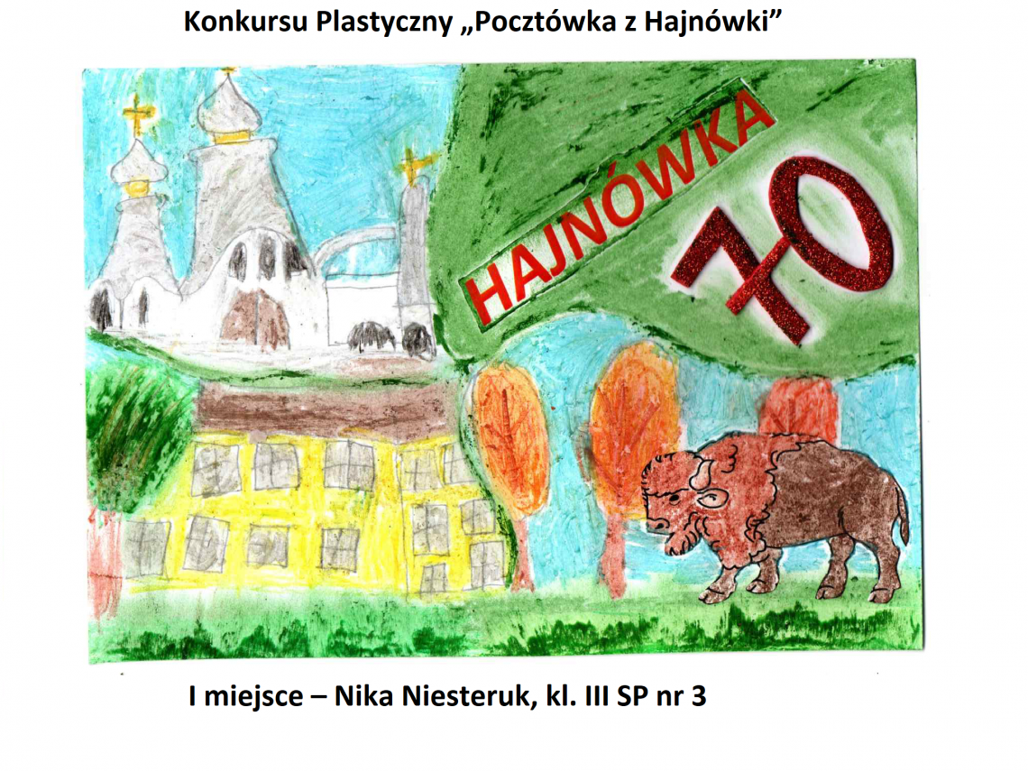 Praca wykonana kredką. PRzedstawia symbole naszego miasta i oraz napisy 70 i Hajnówka