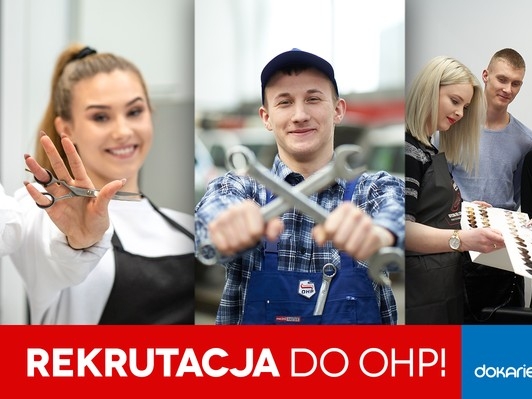 Plakat podzielony na trzy część z trzeba zdjęcia przedstawiajacymi młodych ludzi z narzędziami pracy. Pod spodem napis REKRUTACJA