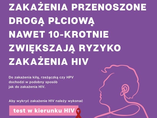 Fioletowy plakat z hasłami w kolorze białej. Z prawej strony grafika siedzącego mężczyzny.