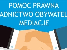 gfrafika uścisku dłoni z napisem POMOC PRAWNA PORADNICTWO OBYWATELSKIE MEDIACJE