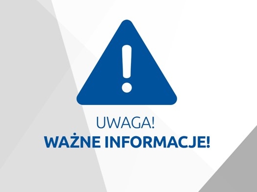 Niebieski trójkąt z białym wykszyknikiem w środku. Na dole niebieski napis UWAGA! WAŻNE INFORMACJE