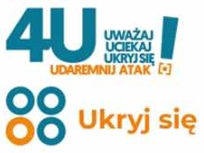 na logo znajdują się cztery kółwka oraz napis uważaj, uciekaj, ukryj się udaremnij atak