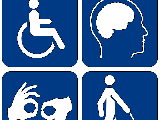 kwadrat złożony z czterech mniejszych granatowych kwadratów; w każdym z nich biała grafika z symbolami niepełnosprawności ruchowej, intelektualnej, słuchu, wzroku