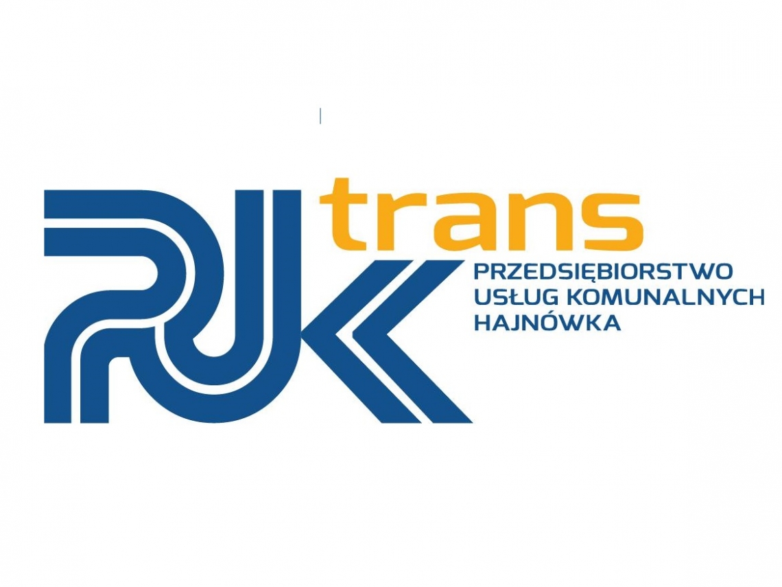Logo w kształcie poziomego prostokąta na białym tle. Po lewej stronie biało – niebieska figura w formie liter PUK, na górze żółty napis: trans. Niżej napis w kolorze niebieskim: Przedsiębiorstwo Usług Komunalnych Hajnówka.