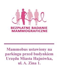 Plakat w różwym kolorze. Kontury czterech kobiet połączonych wsęgą. Na dole plakatu znajduje się adres ustawienia mammobusu