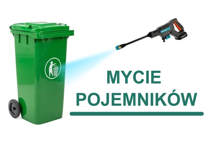 strumień wody z myjki skierowany na zielony kosz na odpady . Z prawej strony napis: MYCIE POJEMNIKÓW