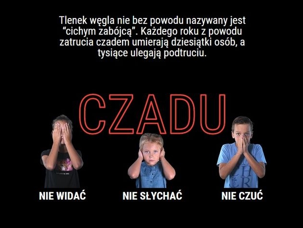 troje dzieci na czarnym tle z zasłoniętymi oczami uszami i nosem. Komunikat CZADU nie widać, nie słychać i nie czuć.