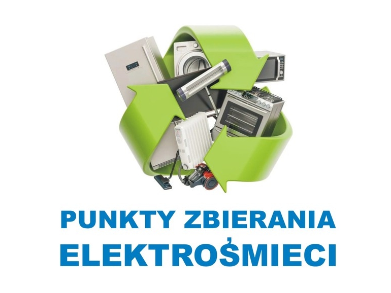 zielony znak ekologii, w środkuznajdują sie sprzęty elektroniczne oraz niebieski napis: PUNKTY ZBIERANIA ELEKTROŚMIECI