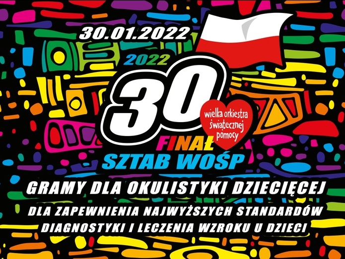 kolorowy baner z infarmacją dla kogo zbierane są fundusze oraz 30 finał sztab WOŚP