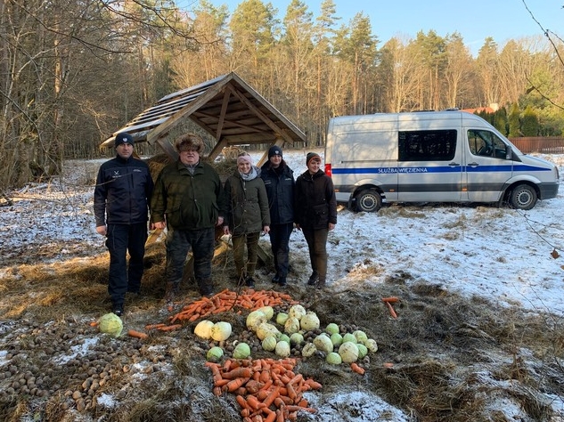 Przy paśniku stoją przedstawiciele Aresztu Śledczego i Nadlesnictwa Hajnówka. W tle widać Puszczę Białowieską.