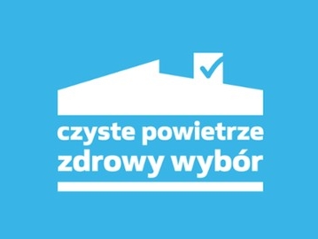 na niebieskim tle biały napis CZYSTE POWIETRZE - ZDROWY WYBÓR oraz graficzny zarys domu z kominem
