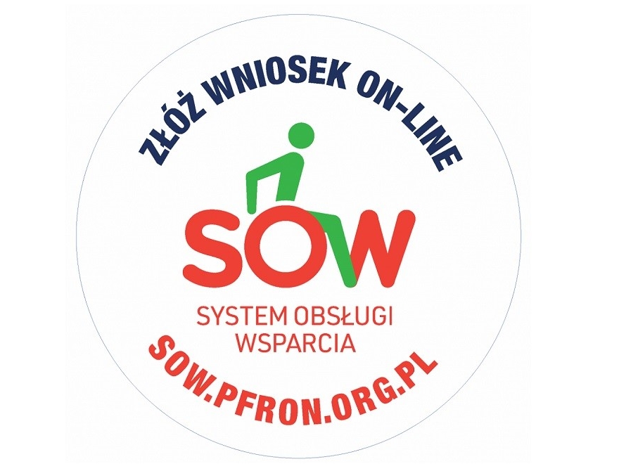 W kształcie okręgu widnieją napisy ZŁÓŻ WNIOSEK ON-LINE oraz napis SOW 