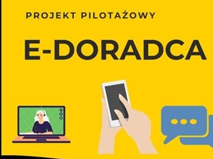 żółty baner napis E-DORADCA ZAWODOWY - projekt pilotażowy