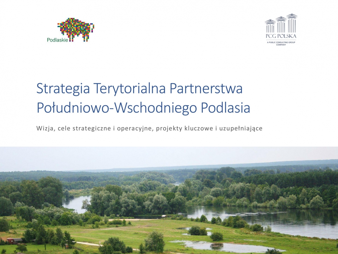 strona tytułowa strategii; w centrum zdjęcie prezentujące zieleń regionu i rzekę; u góry nazwa dokumentu; pod zdjęciem krótka notka o wizji rozwoju